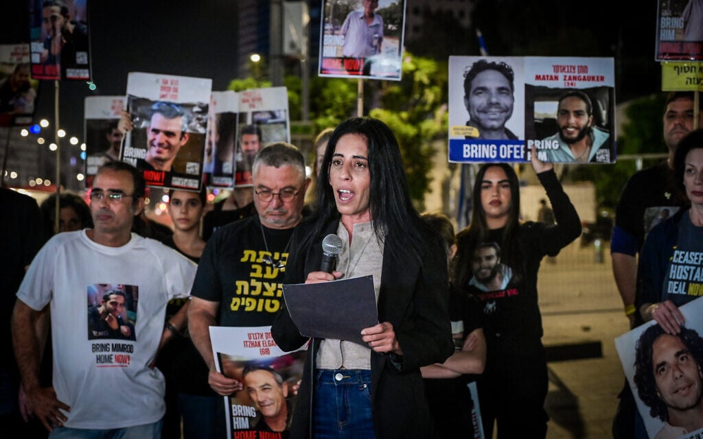 Einav Zangauker, whose son Matan Zangauker has been held hostage in Gaza for over a year, speaks at a press conference in Tel Aviv on November 2, 2024. (Avshalom Sassoni/Flash90)