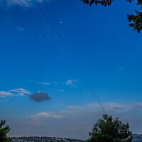 An air defense system fires interceptor missiles at rockets fired from Lebanon, as seen from Mitzpe Netofa, northern Israel, November 3, 2024. (Ayal Margolin/Flash90)