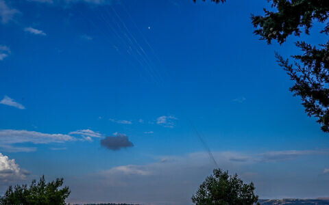 An air defense system fires interceptor missiles at rockets fired from Lebanon, as seen from Mitzpe Netofa, northern Israel, November 3, 2024. (Ayal Margolin/Flash90)