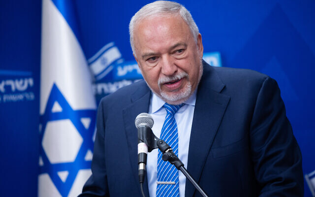 Yisrael Beytenu party chairman Avigdor Liberman leads a faction meeting at the Knesset in Jerusalem, November 4, 2024. (Yonatan Sindel/Flash90) Yisrael Beytenu party chairman Avigdor Liberman leads a faction meeting at the Knesset in Jerusalem, November 4, 2024. (Yonatan Sindel/Flash90)