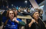 Religious women protest for the recruitment of ultra-Orthodox Jews into the IDF, at the entrance to Jerusalem, November 11, 2024. (Chaim Goldberg/ Flash90)