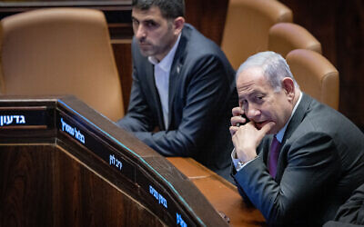 Prime Minister Benjamin Netanyahu at a plenum session at the Knesset, Jerusalem, November 12, 2024. (Chaim Goldberg/Flash90)