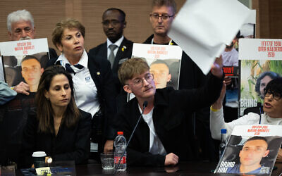 Ofir Angrest, brother of hostage Matan Angrest, speaks at a Constitution, Law and Justice Committee meeting at the Knesset, November 18, 2024. (Yonatan Sindel/Flash90)