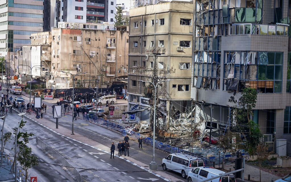 This photo taken on November 19, 2024 shows the scene where a rocket fired from Lebanon the previous night caused damage in the central city of Ramat Gan (Avshalom Sassoni/Flash90)