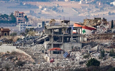Destroyed houses at a village in southern Lebanon, as seen from the Israeli side of the border, on November 28, 2024. (David Cohen/Flash90)