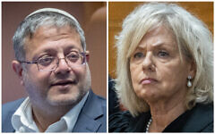 National Security Minister Itamar Ben Gvir (Chaim Goldberg/Flash90); Attorney General Gali Baharav-Miara (Oren Ben Hakoon/Pool)