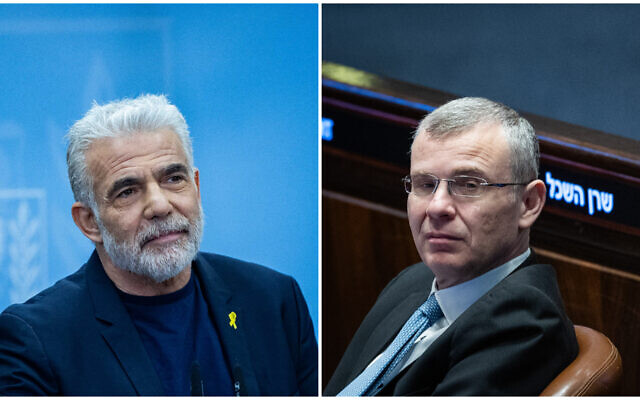 Opposition Leader Yair Lapid (L) at a Yesh Atid faction meeting at the Knesset on November 11, 2024, and Justice Minister Yariv Levin (R) at the Knesset on November 6, 2024. (Yonatan Sindel/Flash90)