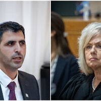 Communications Minister Shlomo Karhi  in Jerusalem, July 17, 2023 (Yonatan Sindel/Flash90) and Attorney General Gali Baharav-Miara. at the Supreme Court in Jerusalem on October 1, 2024. (Oren Ben Hakoon/POOL)