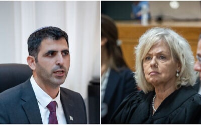Communications Minister Shlomo Karhi  in Jerusalem, July 17, 2023 (Yonatan Sindel/Flash90) and Attorney General Gali Baharav-Miara. at the Supreme Court in Jerusalem on October 1, 2024. (Oren Ben Hakoon/POOL)