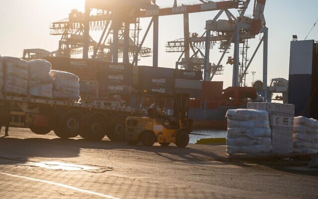 Aid from the UAE is unloaded at Ashdod port on November 13, 2024 en-route to northern Gaza (COGAT)