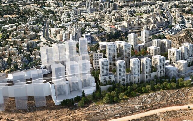 A planned project of 13 buildings and 950 apartments recently approved in the Ramot neighborhood of Jerusalem. (Mazor - First Architects and Planners)