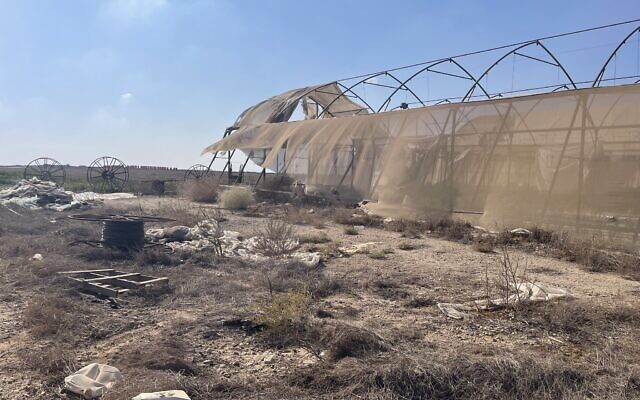The remains of a vandalized greenhouse at Kibbutz Alumim, southern Israel, November 3, 2024. (Sue Surkes/Times of Israel)