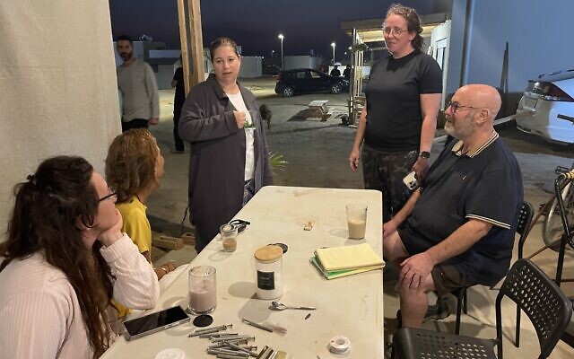 'Jude's parliament' at Kibbutz Holit's temporary location in Kibbutz Revivim, southern Israel, November 3, 2024. (Sue Surkes/Times of Israel)