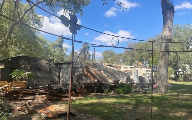 Houses destroyed by Hamas terrorists in Kibbutz Nir Oz on October 7, 2023. (Jessica Steinberg/ Times of Israel) Houses destroyed by Hamas terrorists in Kibbutz Nir Oz on October 7, 2023. (Jessica Steinberg/ Times of Israel)