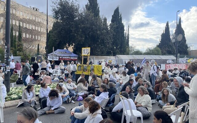 The Shift 101 silent protest for the hostages outside the Knesset on November 18, 2024. (Jessica Steinberg/Times of Israel) The Shift 101 silent protest for the hostages outside the Knesset on November 18, 2024. (Jessica Steinberg/Times of Israel)