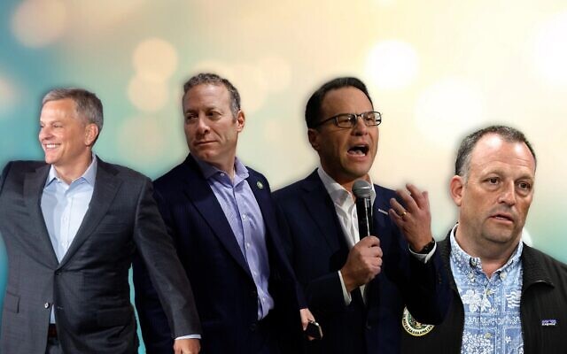 Left to right: North Carolina Governor-elect Josh Stein, US Rep. Josh Gottheimer, Pennsylvania Governor Josh Shapiro and Hawaii Governor Josh Green hope to bring big Josh energy to statehouses. (Illustration by Joe Strauss/JTA)