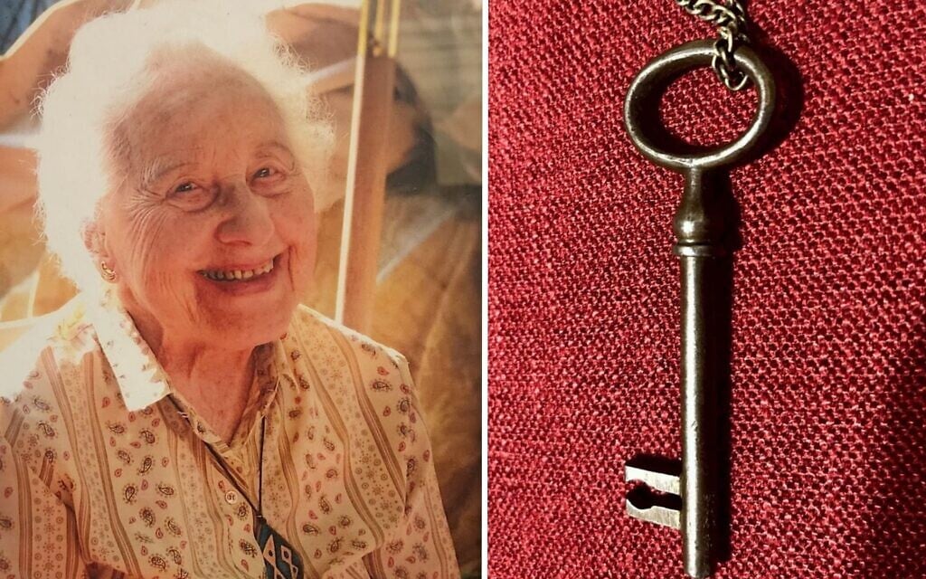 Marianne Bern and the key she kept from the Bielefeld synagogue that was destroyed on Kristallnacht. (Courtesy of Jennifer Bern-Vogel via JTA) Marianne Bern and the key she kept from the Bielefeld synagogue that was destroyed on Kristallnacht. (Courtesy of Jennifer Bern-Vogel via JTA)