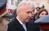 Screen capture from video of far-right speaker of Austria's lower house of parliament FPO's Walther Rosenkranz faces Jewish protesters who stopped him from laying a wreath at a Holocaust memorial in Vienna, November 8, 2024. (X.  Used in accordance with Clause 27a of the Copyright Law)