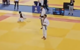 Alkatabi Ahmed, of the UAE, makes a throat-cutting hand gesture at the Israeli delegation, leading to his disqualification at the Jiu Jitsu World Championship, November 4, 2025, in Crete, Greece. (Screen capture via X, used in accordance with Clause 27a of the Copyright Law)