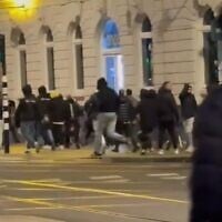 Screenshot from a video shows violence on the streets of Amsterdam in which Israelis were attacked by anti-Israel gangs on November 8, 2024. (X screenshot; used in accordance with Clause 27a of the Copyright Law)