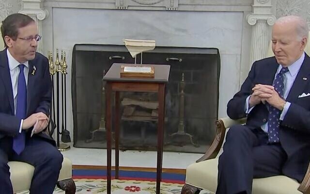 President Isaac Herzog, left, and US President Joe Biden in the Oval Office on November 12, 2024. (Screen capture/YouTube) President Isaac Herzog, left, and US President Joe Biden in the Oval Office on November 12, 2024. (Screen capture/YouTube)