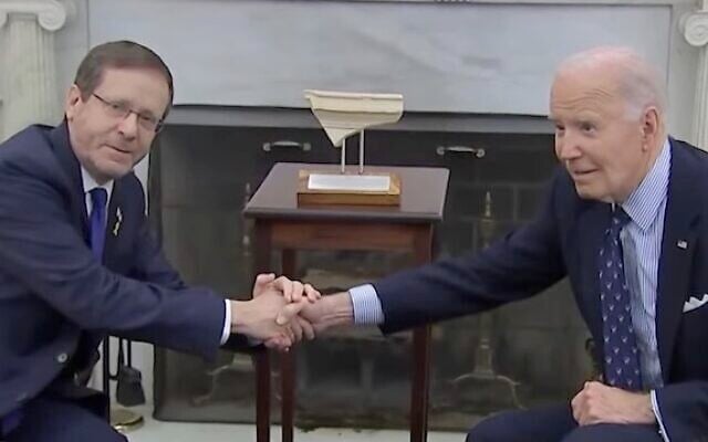 President Isaac Herzog, left, shakes hands with US President Joe Biden in the Oval Office on November 12, 2024. (Screen capture/YouTube) President Isaac Herzog, left, shakes hands with US President Joe Biden in the Oval Office on November 12, 2024. (Screen capture/YouTube)