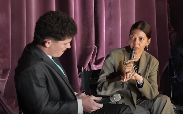 (Right) Moran Stella Yanai, who was held hostage for 54 days in Gaza before being freed in the November 2023 deal, speaks during a panel event on the Gaza conflict alongside Aidan Doyle (left), who was a leader of the anti-Israel encampment at UCLA. (Youtube screenshot from Gr8.Debate / TCC) (Right) Moran Stella Yanai, who was held hostage for 54 days in Gaza before being freed in the November 2023 deal, speaks during a panel event on the Gaza conflict alongside Aidan Doyle (left), who was a leader of the anti-Israel encampment at UCLA. (Youtube screenshot from Gr8.Debate / TCC)