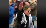 Anti-Israel protester Mai Abdulhadi seen giving Nazi salute at a protest in Montreal, Canada, on November 21, 2024. (Screenshot from @hillelneuer on X, used in accordance with Clause 27a of the Copyright Law)