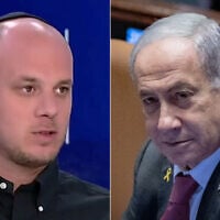 Eli Feldstein (left), a former spokesman in the office of Prime Minister Benjamin Netanyahu, who is the main suspect in an investigation, launched in late October 2024, of alleged illegal access and leaking of classified intelligence material. (Kan screenshot, used in accordance with clause 27a of the copyright law); Prime Minister Benjamin Netanyahu (right) at a plenum session at the Knesset, Jerusalem, November 12, 2024. (Chaim Goldberg/Flash90)