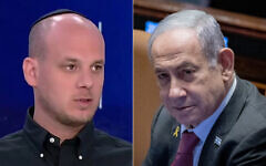Eli Feldstein (left), a former spokesman in the office of Prime Minister Benjamin Netanyahu, who is the main suspect in an investigation, launched in late October 2024, of alleged illegal access and leaking of classified intelligence material. (Kan screenshot, used in accordance with clause 27a of the copyright law); Prime Minister Benjamin Netanyahu (right) at a plenum session at the Knesset, Jerusalem, November 12, 2024. (Chaim Goldberg/Flash90)