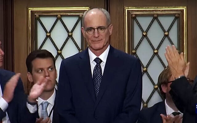 Yechiel Leiter, whom Prime Minister Benjamin Netanyahu has tapped to serve as Israel's next ambassador to the US, is applauded during Netanyahu's speech to the US Congress, after the prime minister tells the story of Leiter's son, who fell in battle in the Gaza Strip; July 24, 2024. (Screen capture via YouTube, used in accordance with Clause 27a of the Copyright Law) Yechiel Leiter, whom Prime Minister Benjamin Netanyahu has tapped to serve as Israel's next ambassador to the US, is applauded during Netanyahu's speech to the US Congress, after the prime minister tells the story of Leiter's son, who fell in battle in the Gaza Strip; July 24, 2024. (Screen capture via YouTube, used in accordance with Clause 27a of the Copyright Law)