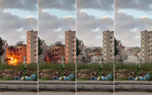 A series of screenshots from footage posted to social media purporting to show the moment of an Israeli airstrike on a Hezbollah sites in Beirut’s southern suburbs, November 24, 2024. (Screenshot, used in accordance with Clause 27a of the Copyright Law)
