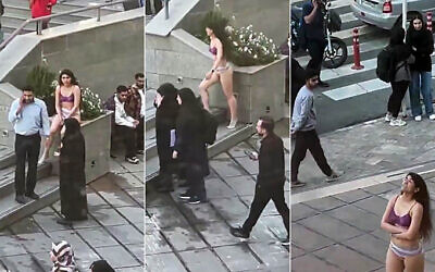 An Iranian student protests against harassment by stripping to her underwear outside her university in Tehran, November 2, 2024. (Video screenshot)