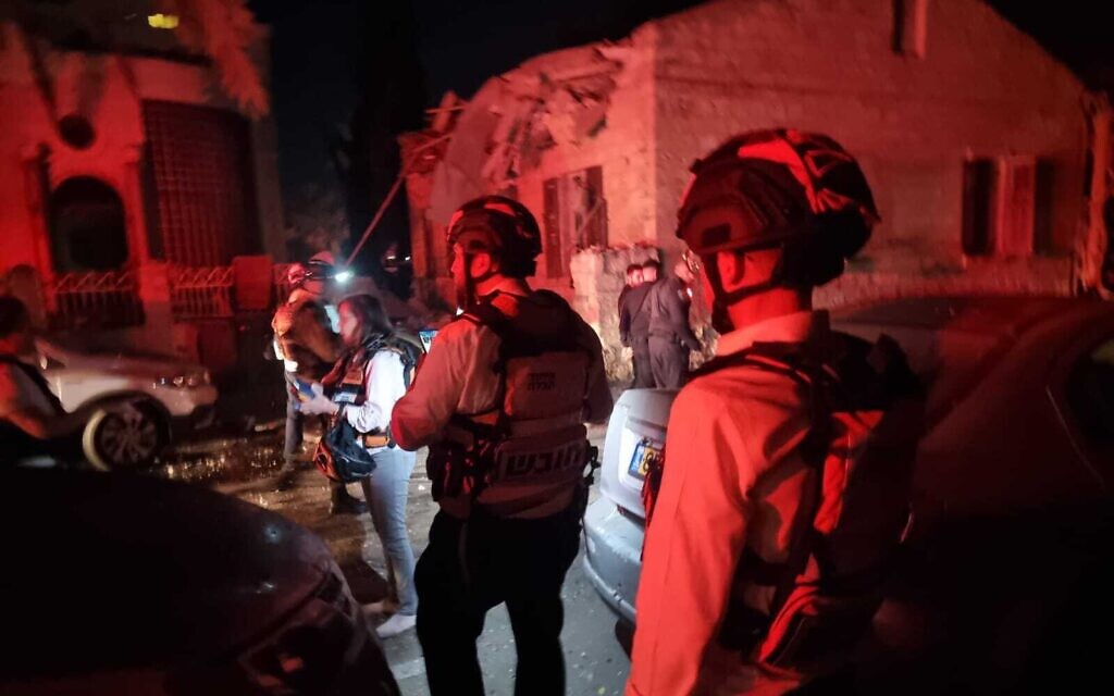 Medics are seen at the scene of a rocket impact at a synagogue in the northern city of Haifa, November 16, 2024. (United Hatzalah)