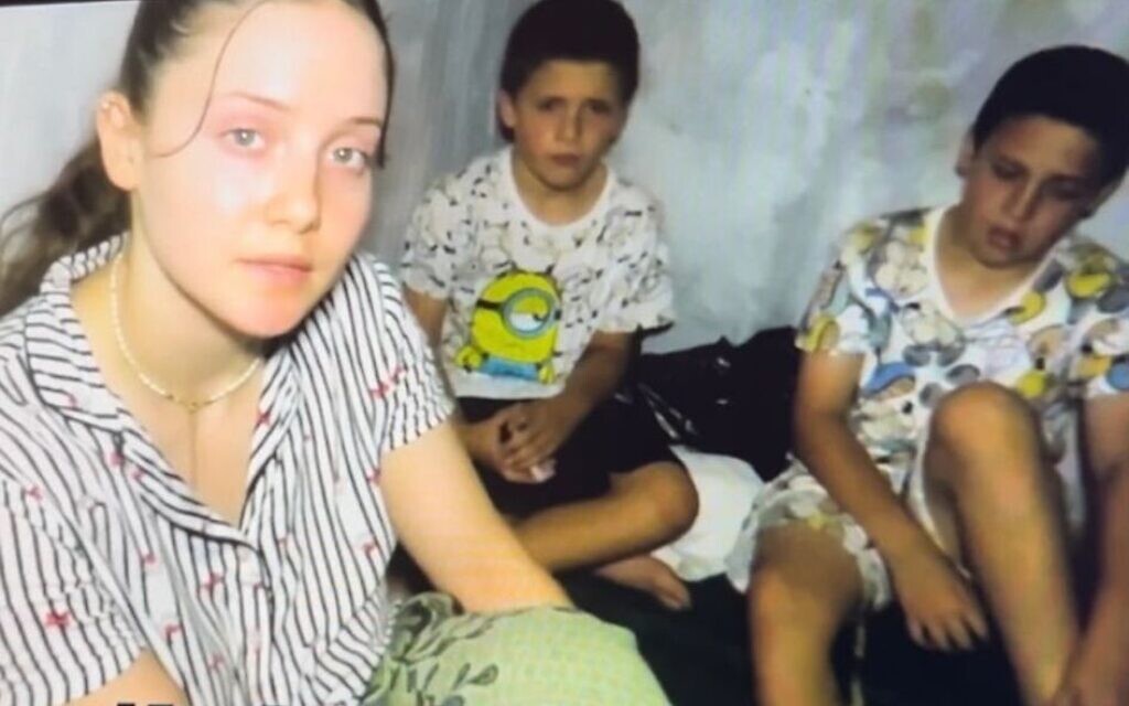 Agam Goldstein-Almog, left, and her little brothers Gal and Tal, in a Gaza tunnel on October 8, 2023, in a photo apparently obtained by the IDF (Instagram used in accordance with Clause 27a of the Copyright Law)