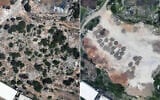 Composite arial pictures released by the Shomrim Al Hanetzach organization in March 2024 allegedly shows an antiquities site in the West Bank town of Umm ar-Rehan before and after it was illegally razed and turned into a parking area. (Shomrim Al Hanetzach)