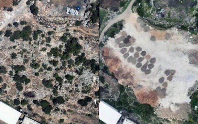 Composite arial pictures released by the Shomrim Al Hanetzach organization in March 2024 allegedly shows an antiquities site in the West Bank town of Umm ar-Rehan before and after it was illegally razed and turned into a parking area. (Shomrim Al Hanetzach) Composite arial pictures released by the Shomrim Al Hanetzach organization in March 2024 allegedly shows an antiquities site in the West Bank town of Umm ar-Rehan before and after it was illegally razed and turned into a parking area. (Shomrim Al Hanetzach)