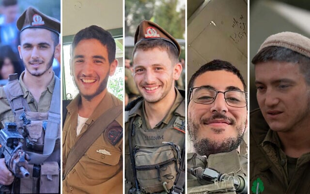 Soldiers killed in southern Lebanon on November 13, 2024: (L-R) Sgt. Shalev Itzhak Sagron, Staff Sgt. Dror Hen, Cpt. Itay Marcovich, Staff Sgt. Nir Gofer, Staff Sgt. Sraya Elboim. (Israel Defense Forces) Soldiers killed in southern Lebanon on November 13, 2024: (L-R) Sgt. Shalev Itzhak Sagron, Staff Sgt. Dror Hen, Cpt. Itay Marcovich, Staff Sgt. Nir Gofer, Staff Sgt. Sraya Elboim. (Israel Defense Forces)