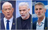 A composite image shows, L-R: National Unity Chairman Benny Gantz, Opposition Leader Yair Lapid, The Democrats leader Yair Golan (All photos taken on November 4, 2024, by Yonatan Sindel/Flash90)
