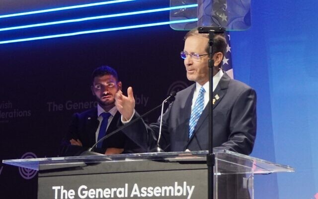 President Isaac Herzog delivers a speech to the audience attending the Jewish Federations' 2024 General Assembly in Washington DC on November 12, 2024. (Charlie Summers/Times of Israel) President Isaac Herzog delivers a speech to the audience attending the Jewish Federations' 2024 General Assembly in Washington DC on November 12, 2024. (Charlie Summers/Times of Israel)