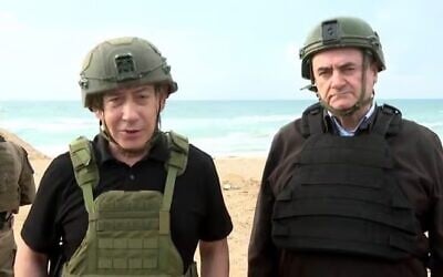 Prime Minister Benjamin Netanyahu (left) and Defense Minister Israel Katz visit the Netzarim Corridor in the central Gaza Strip on November 19, 2024. (Itai Bet-On/GPO)