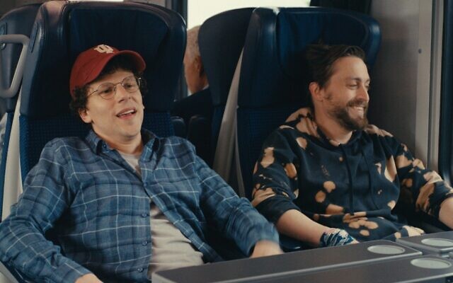 David (Jesse Eisenberg) and Benji Kaplan (Kieran Culkin) take a train to Majdanek while on a tour of Poland in 'A Real Pain.' (Courtesy Searchlight Pictures via JTA)