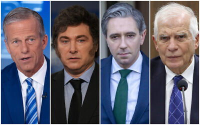 L-R: US Sen. John Thune (AP Photo/Jacquelyn Martin), Argentine President Javier Milei (AP Photo/Silvia Izquierdo), Irish PM Simon Harris (AP Photo/Ben Curtis), EU foreign policy chief Josep Borrell (Chung Sung-Jun/Pool Photo via AP)