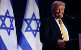 Campaigning for a second term, former US President Donald Trump speaks before prominent Jewish donors at an event titled "Fighting Antisemitism in America" at the Hyatt Regency Capitol Hill, Washington DC, September 19, 2024. (Chip Somodevilla/Getty Images via JTA)