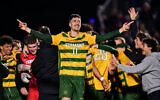 Yaniv Bazini celebrates after the 2024 Division I semifinals, December 13, 2024, in Cary, North Carolina. (Anthony Sorbellini/NCAA Photos via Getty Images via JTA)