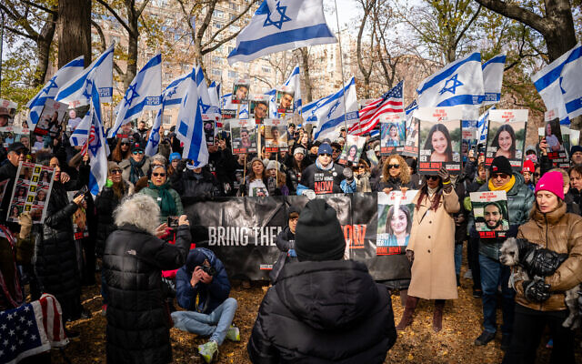 A rally in support of the hostages held in Gaza in New York City's Central Park, December 15, 2024. (Luke Tress/Times of Israel)