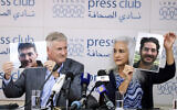 Marc (L) and Debra Tice, parents of US journalist Austin Tice who was kidnapped in Syria in 2012, hold respective dated portraits of him during a press conference in the Lebanese capital Beirut on July 20, 2017. (Joseph Eid/AFP)