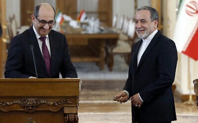 Iranian Foreign Minister Abbas Araghchi (R) and his Syrian counterpart Bassam al-Sabbagh (L) hold a joint press conference in Tehran on November 19, 2024. (AFP)