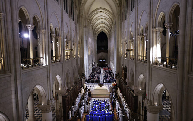 The ceremony to mark the reopening of the landmark Notre-Dame Cathedral, in central Paris, France, on December 7, 2024. (Photo by Ludovic MARIN / POOL / AFP)
