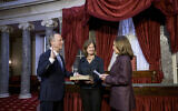 Vice President Kamala Harris, right, holds a ceremonial swearing-in for Sen. Adam Schiff, D-Calif., left, joined by his wife Eve M. Schiff, center, at the Capitol in Washington, December 9, 2024. (AP Photo/Rod Lamkey, Jr.)